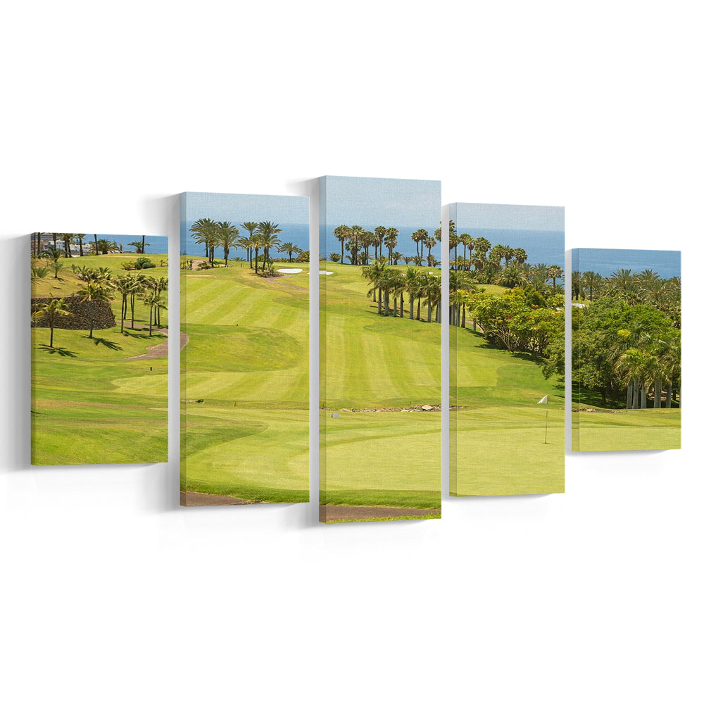 Green Golf Course, Palm And Good Holiday, Golf Art Print, 5 Pieces Mixed Canvas Print Wall Art