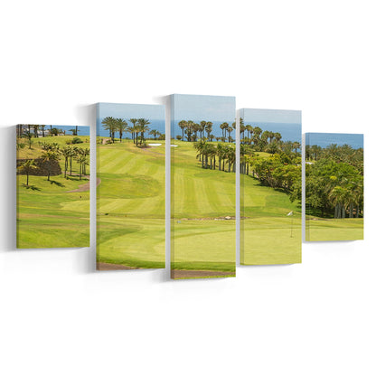 Green Golf Course, Palm And Good Holiday, Golf Art Print, 5 Pieces Mixed Canvas Print Wall Art