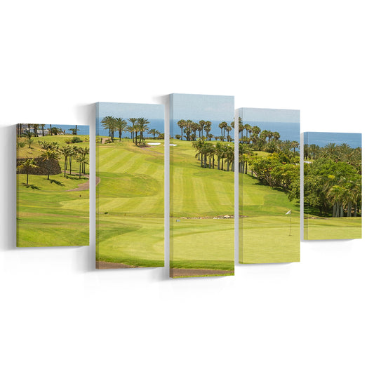 Green Golf Course, Palm And Good Holiday, Golf Art Print, 5 Pieces Mixed Canvas Print Wall Art