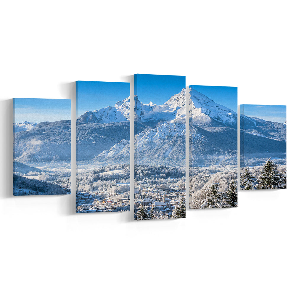 mountain landscape in the Bavarian Alps with village of Berchtesgaden, 5 Piece Large Cavas Print Wall Art