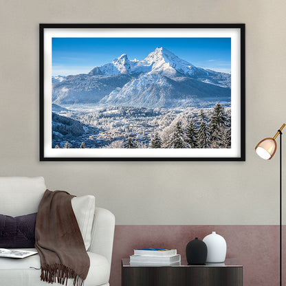 Mountain Landscape In The Bavarian Alps With Village Of Berchtesgaden, Framed Art Print White Border