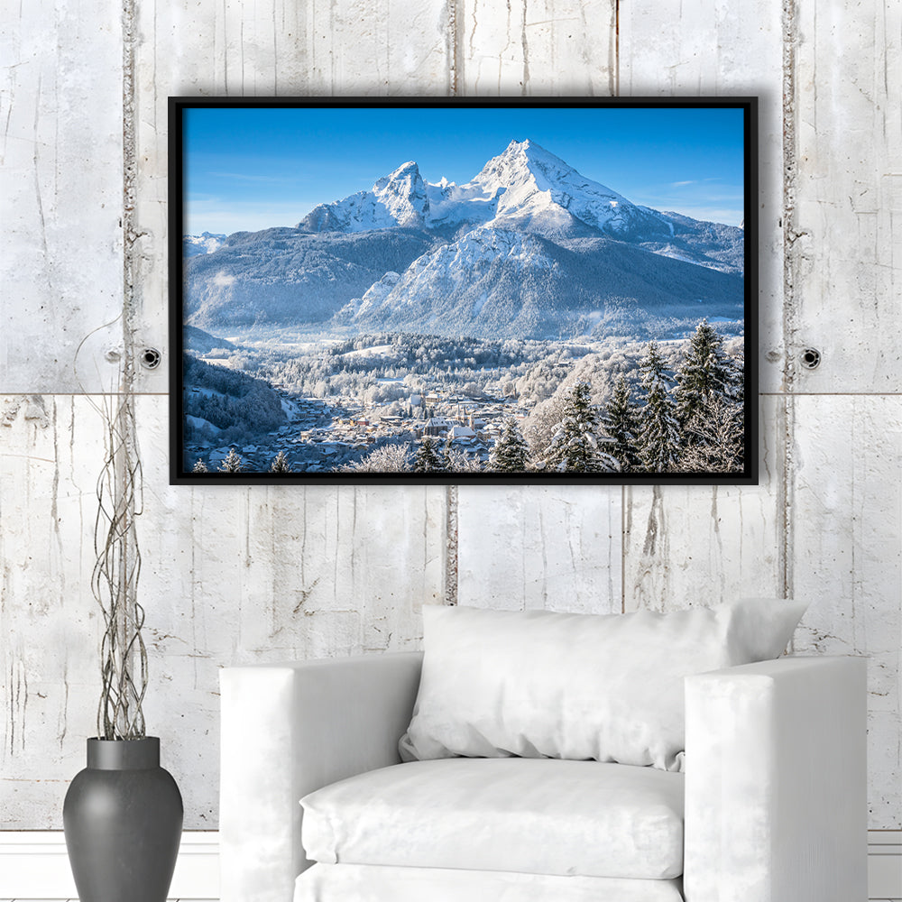 Mountain Landscape In The Bavarian Alps With Village Of Berchtesgaden, Framed Cavas Print, Floating Frame