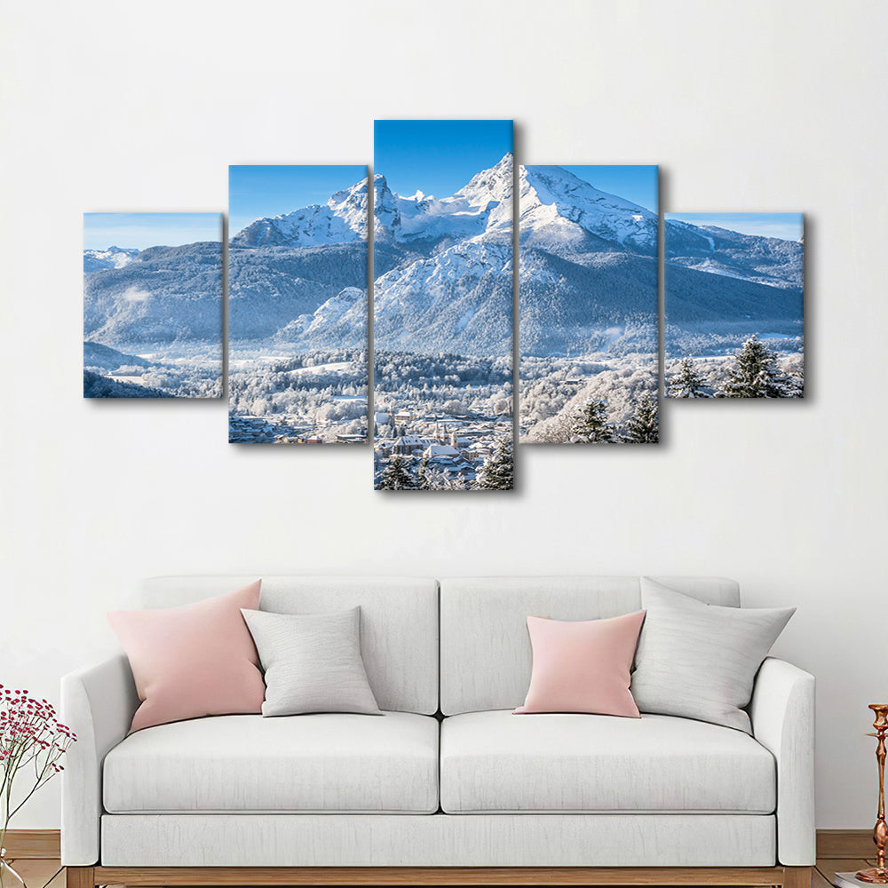 mountain landscape in the Bavarian Alps with village of Berchtesgaden, 5 Piece Large Cavas Print Wall Art