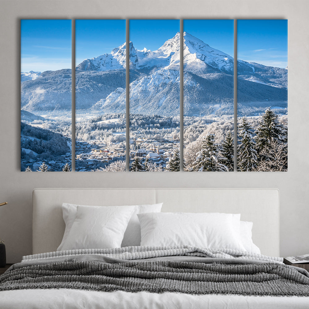 mountain landscape in the Bavarian Alps with village of Berchtesgaden, 5 Piece B Extra Large Cavas Print Wall Art Decor