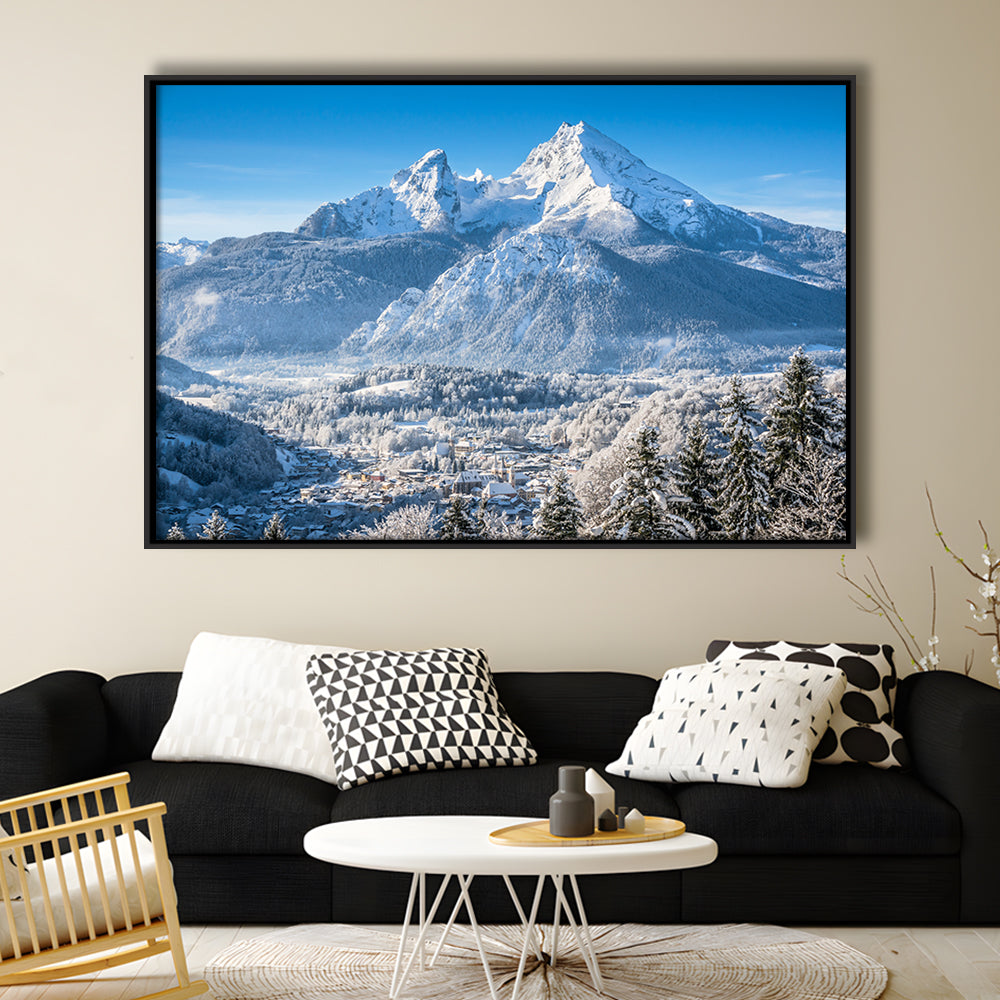 Mountain Landscape In The Bavarian Alps With Village Of Berchtesgaden, Framed Cavas Print, Floating Frame