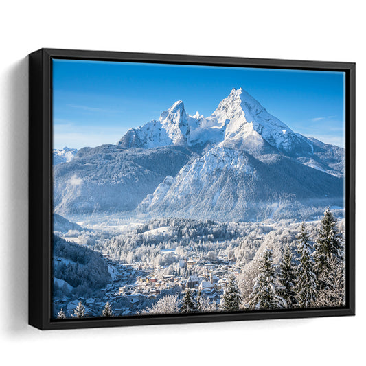Mountain Landscape In The Bavarian Alps With Village Of Berchtesgaden, Framed Cavas Print, Floating Frame