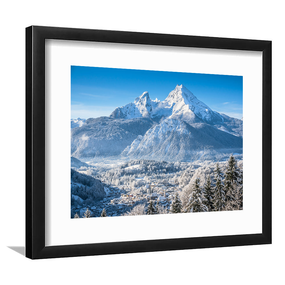 Mountain Landscape In The Bavarian Alps With Village Of Berchtesgaden, Framed Art Print White Border