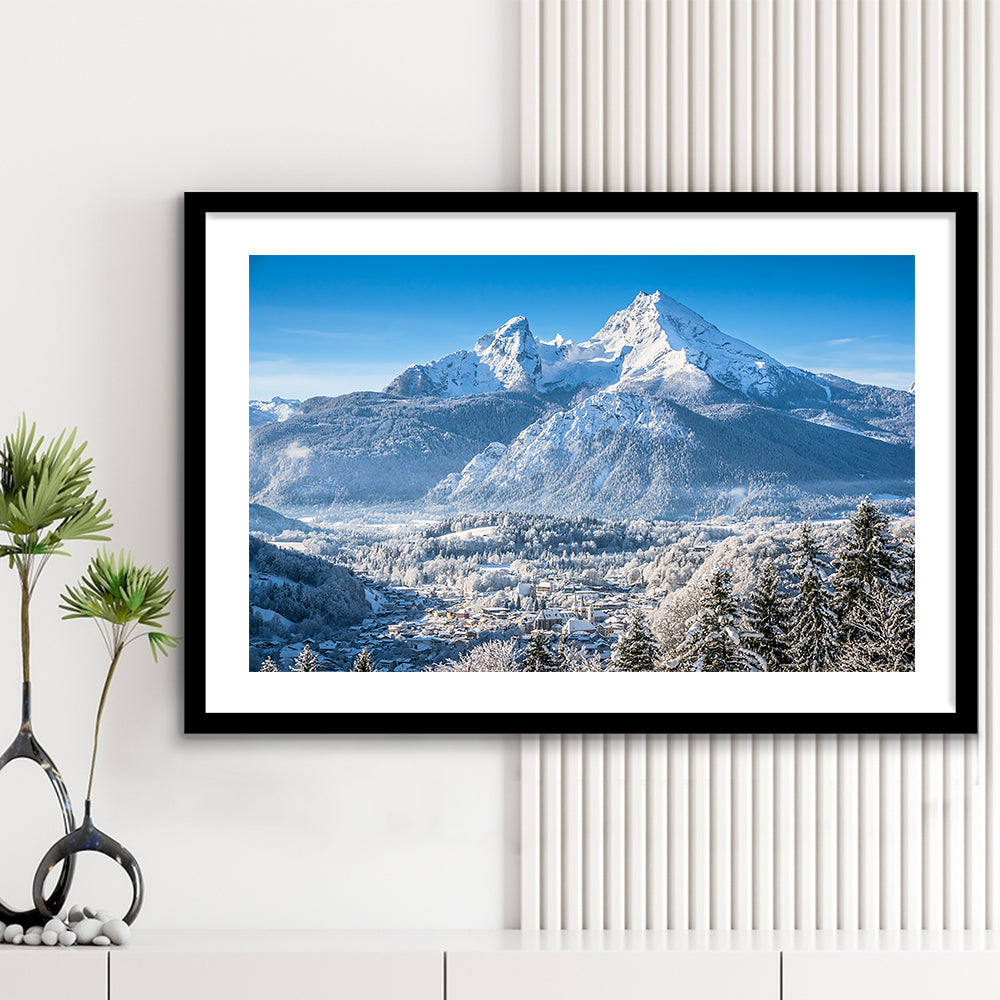 Mountain Landscape In The Bavarian Alps With Village Of Berchtesgaden, Framed Art Print White Border
