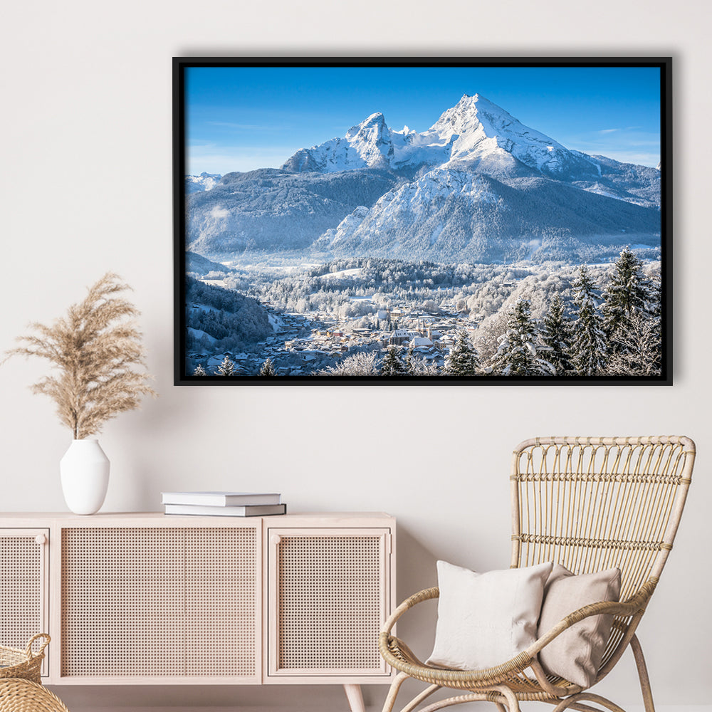 Mountain Landscape In The Bavarian Alps With Village Of Berchtesgaden, Framed Cavas Print, Floating Frame