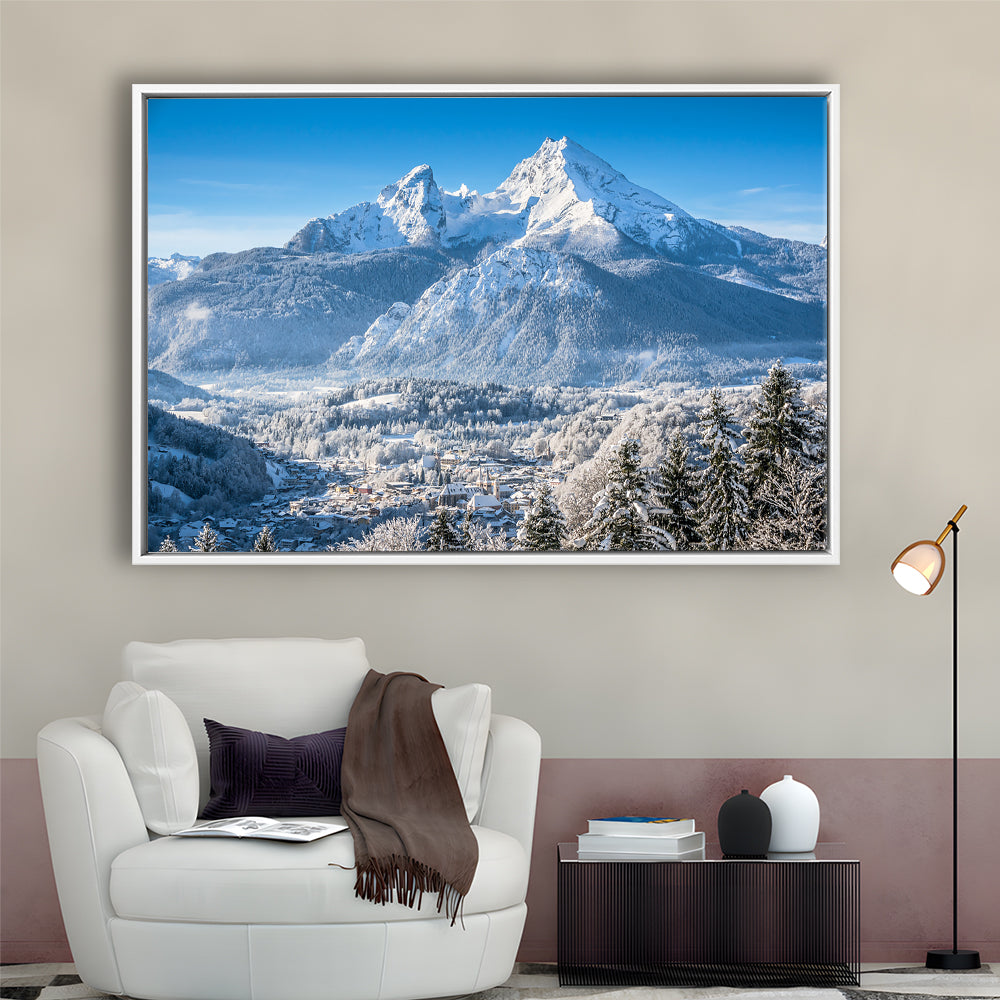 Mountain Landscape In The Bavarian Alps With Village Of Berchtesgaden, Framed Cavas Print, Floating Frame