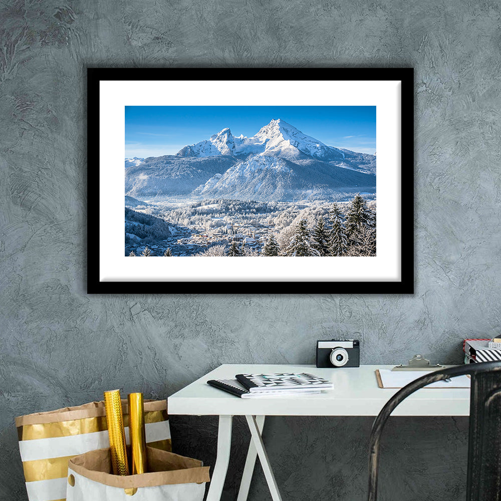 Mountain Landscape In The Bavarian Alps With Village Of Berchtesgaden, Framed Art Print White Border