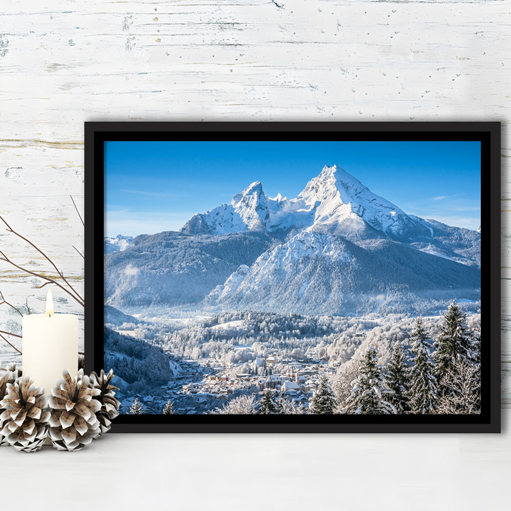 Mountain Landscape In The Bavarian Alps With Village Of Berchtesgaden, Framed Cavas Print, Floating Frame