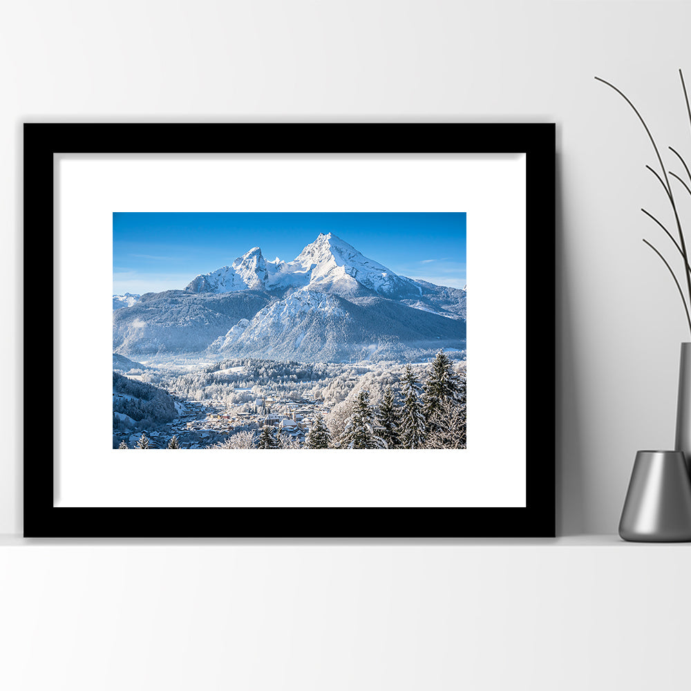 Mountain Landscape In The Bavarian Alps With Village Of Berchtesgaden, Framed Art Print White Border