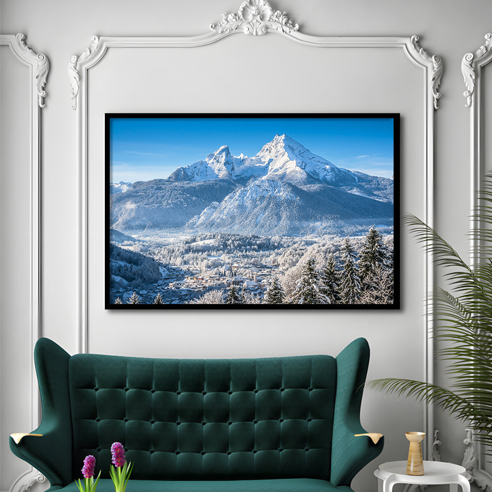 Mountain Landscape In The Bavarian Alps With Village Of Berchtesgaden, Framed Art Print, Picture Framed