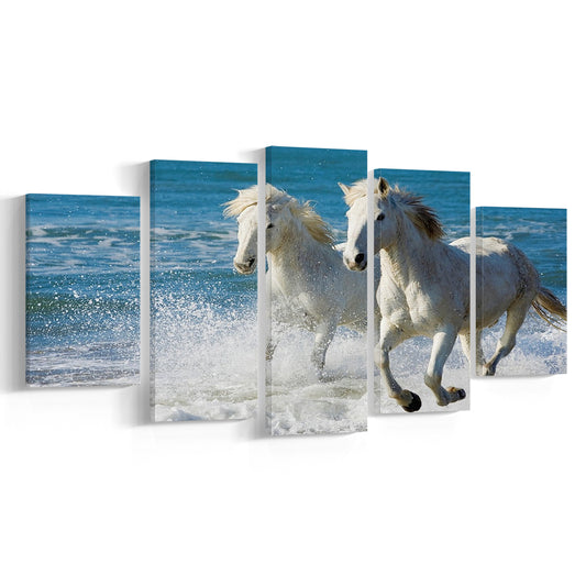 the White Horses of the Camargue running in the water in the South of France, 5 Piece Large Cavas Print Wall Art