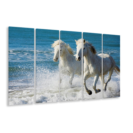 the White Horses of the Camargue running in the water in the South of France, 5 Piece B Extra Large Cavas Print Wall Art