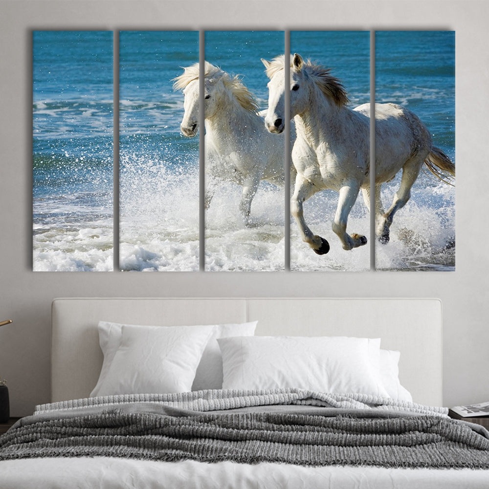 the White Horses of the Camargue running in the water in the South of France, 5 Piece B Extra Large Cavas Print Wall Art