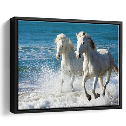 The White Horses Of The Camargue Running In The Water In The South Of France, Framed Cavas Print, Floating Frame